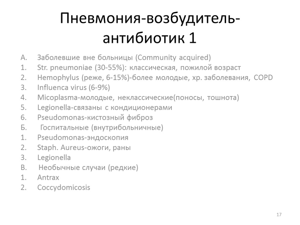 Пневмония-возбудитель-антибиотик 1 Заболевшие вне больницы (Community acquired) Str. pneumoniae (30-55%): классическая, пожилой возраст Hemophylus